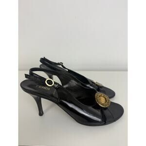 Vintage Fendi Womens Open Toe Slingback Kitten Black Patent Stiletto Heels EU 36